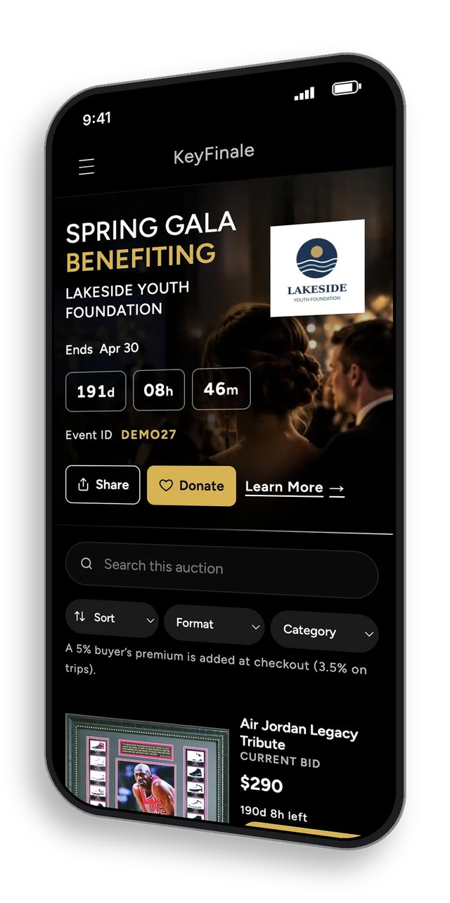 A KeyFinale event page on a phone, dark look